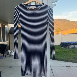 Michael Kors Striped Long Sleeve Dress in Navy and White
